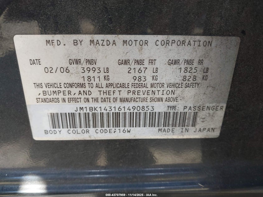 2006 Mazda Mazda3 S VIN: JM1BK143161490853 Lot: 43707959