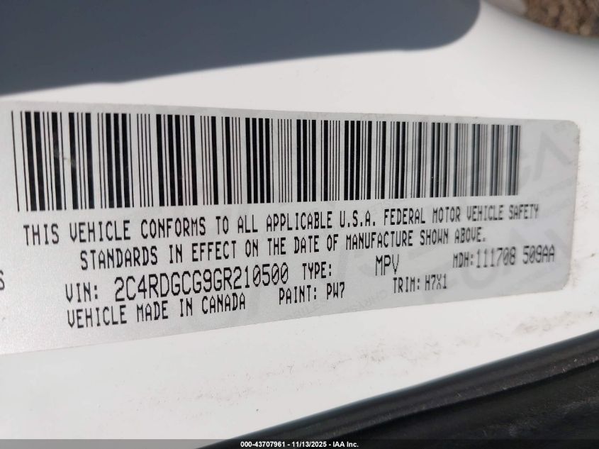 2016 Dodge Grand Caravan Sxt VIN: 2C4RDGCG9GR210500 Lot: 43707961