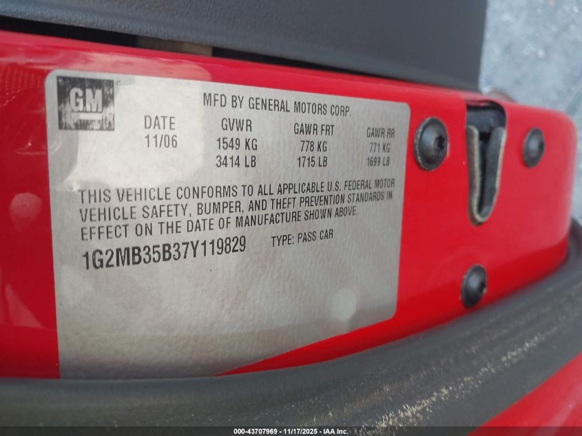 2007 Pontiac Solstice VIN: 1G2MB35B37Y119829 Lot: 43707969