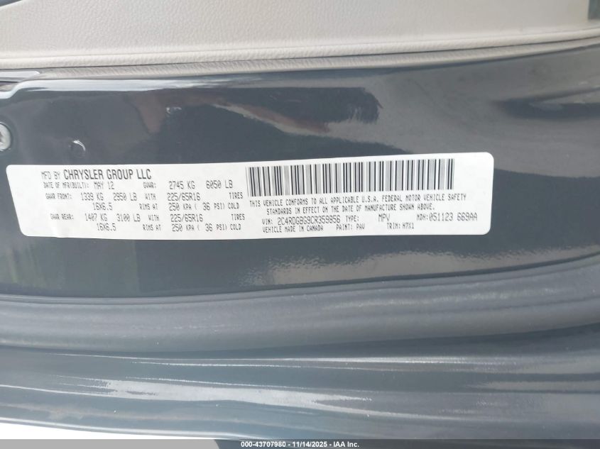 2012 Dodge Grand Caravan Se/Avp VIN: 2C4RDGBG9CR359856 Lot: 43707980