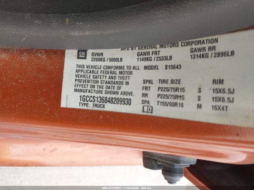 2004 Chevrolet Colorado Ls VIN: 1GCCS136848209930 Lot: 43707982