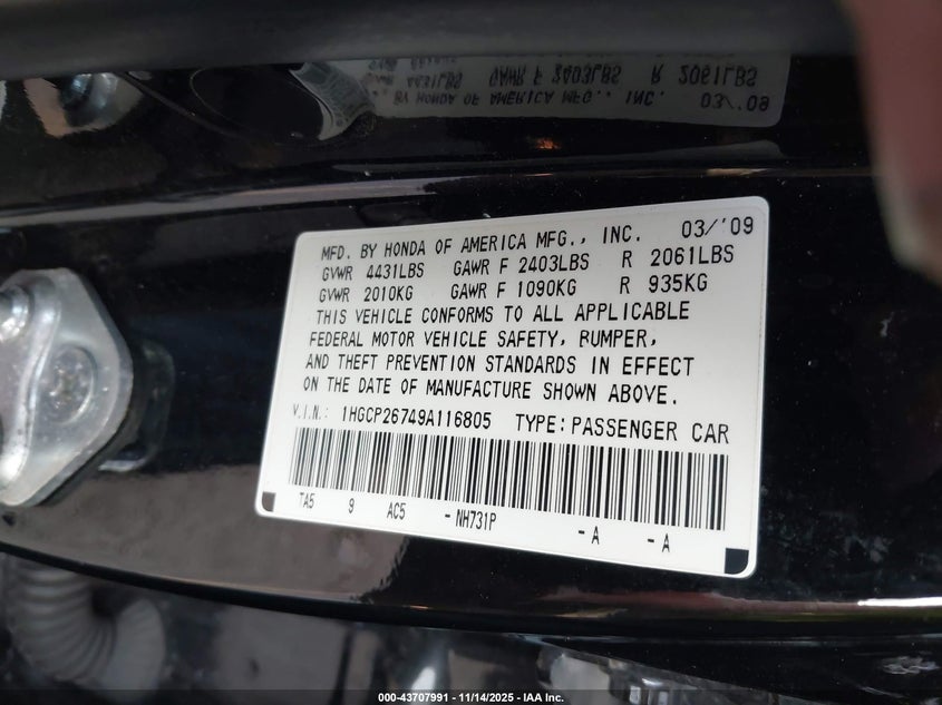 1HGCP26749A116805 2009 HONDA ACCORD photo no. 9