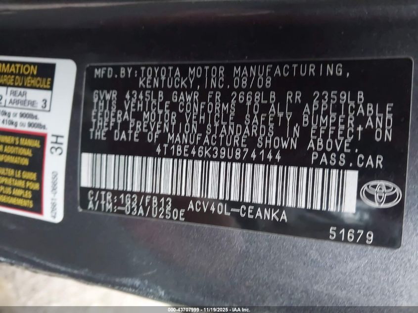 2009 Toyota Camry Le VIN: 4T1BE46K39U874144 Lot: 43707999