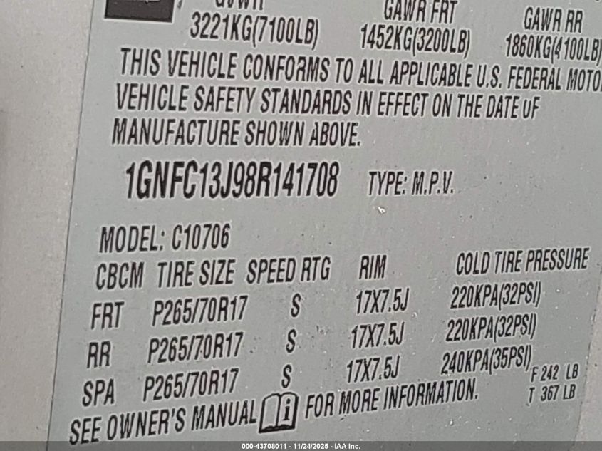 2008 Chevrolet Tahoe Lt VIN: 1GNFC13J98R141708 Lot: 43708011