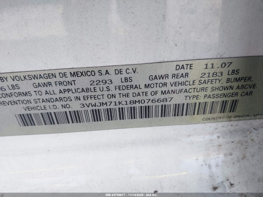 2008 Volkswagen Jetta S VIN: 3VWJM71K18M076687 Lot: 43708017
