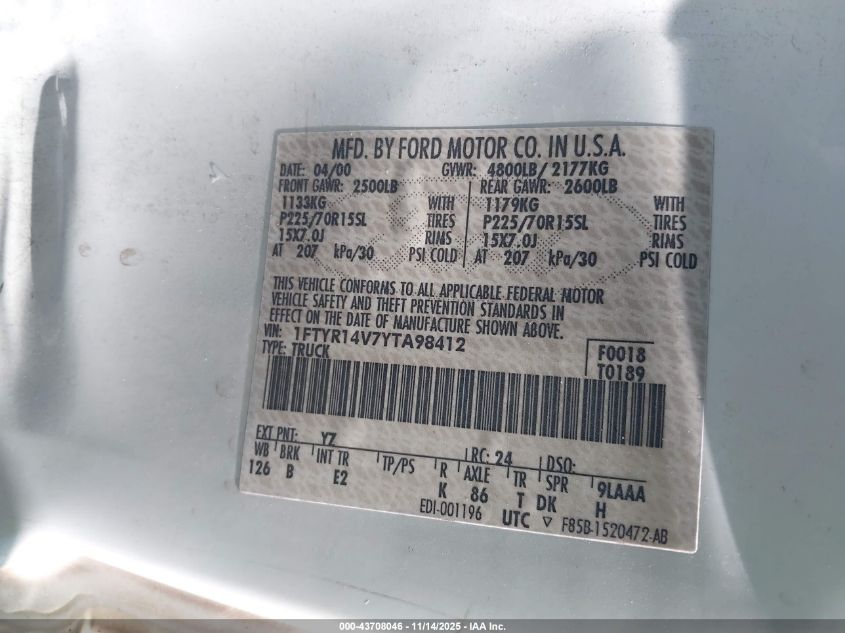 2000 Ford Ranger Xl/Xlt VIN: 1FTYR14V7YTA98412 Lot: 43708046