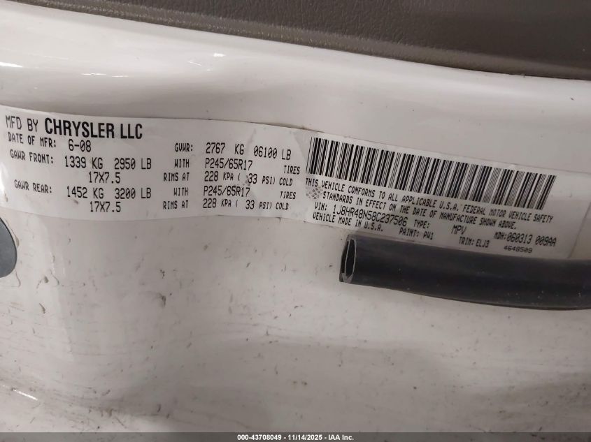 2008 Jeep Grand Cherokee Laredo VIN: 1J8HR48N58C237506 Lot: 43708049