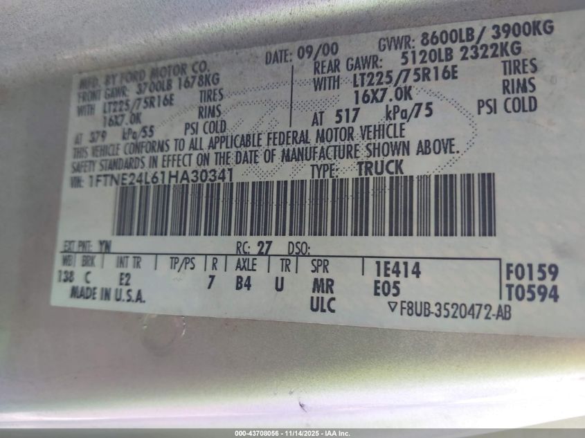 2001 Ford E-250 Commercial/Recreational VIN: 1FTNE24L61HA30341 Lot: 43708056