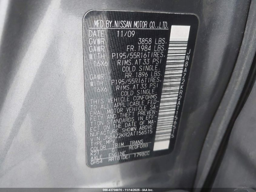 2010 Nissan Cube 1.8Sl VIN: JN8AZ2KR2AT156515 Lot: 43708070