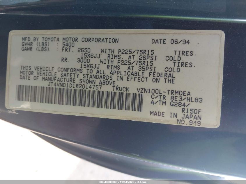 1994 Toyota Pickup 1/2 Ton Shrt Wheelbase/Dx VIN: JT4VN01D1R2014757 Lot: 43708086