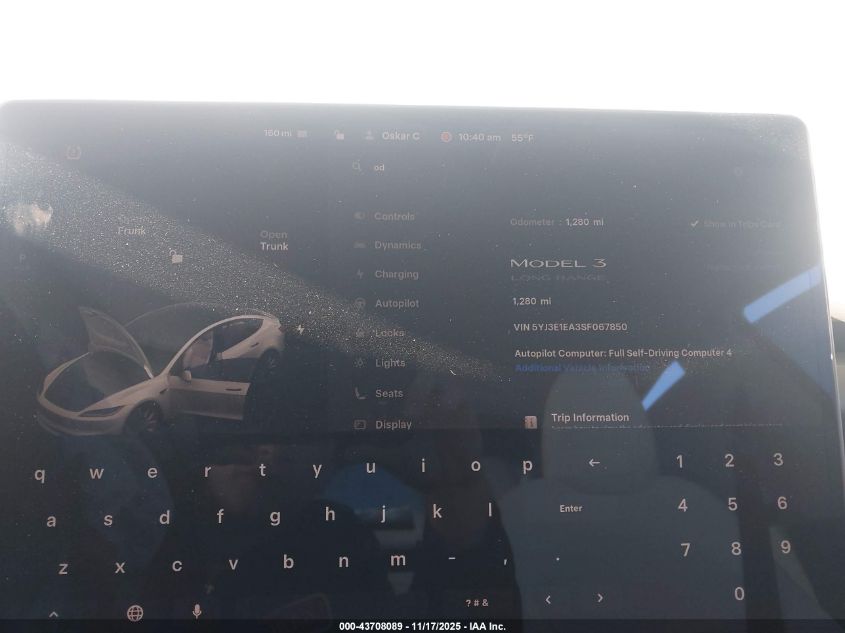 2025 Tesla Model 3 Long Range Rear-Wheel Drive/Standard VIN: 5YJ3E1EA3SF067850 Lot: 43708089