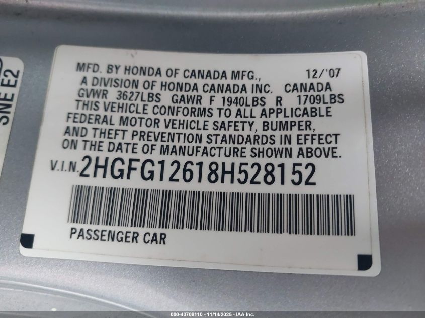 2008 Honda Civic Lx VIN: 2HGFG12618H528152 Lot: 43708110