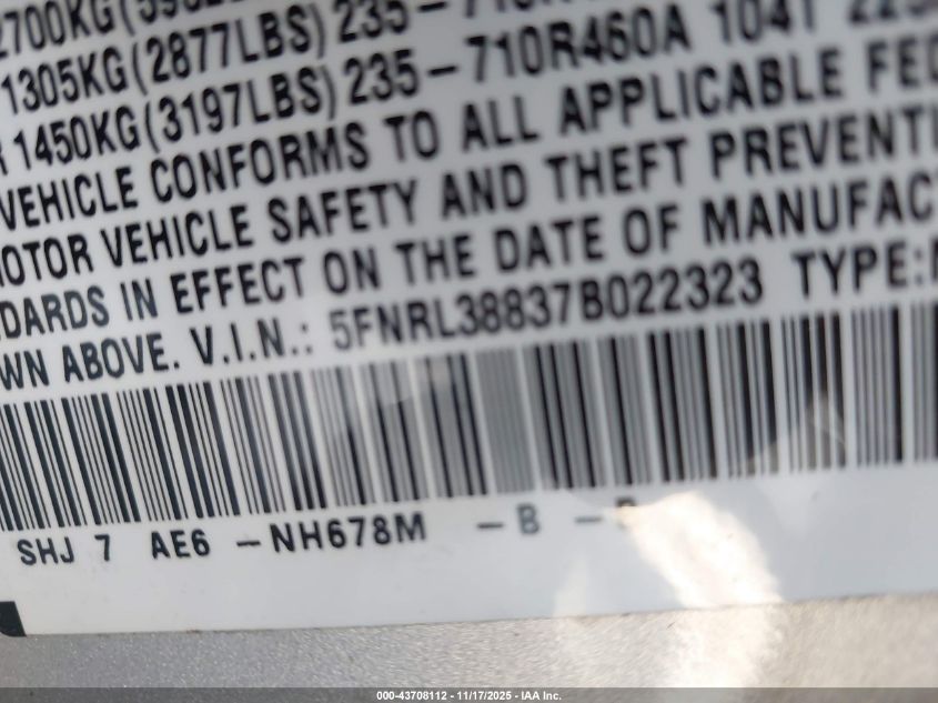 2007 Honda Odyssey Touring VIN: 5FNRL38837B022323 Lot: 43708112