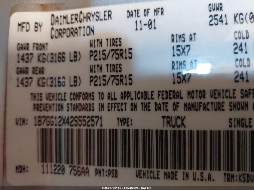 2002 Dodge Dakota VIN: 1B7GG12X42S552571 Lot: 43708115