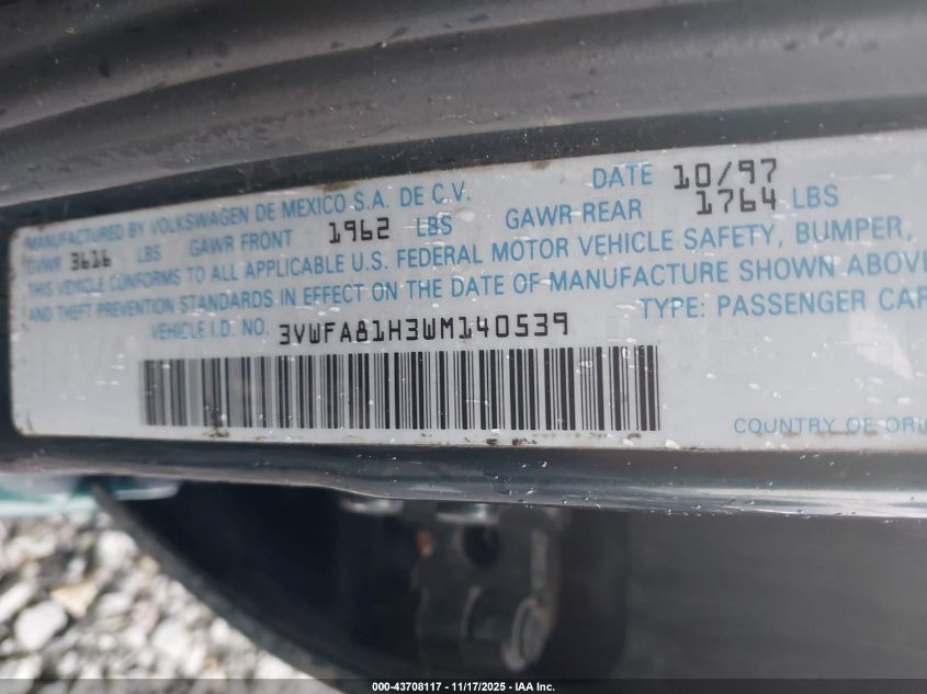 1998 Volkswagen Golf Gl VIN: 3VWFA81H3WM140539 Lot: 43708117
