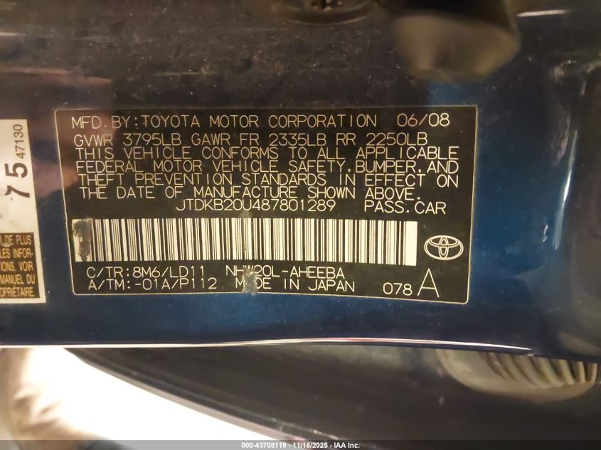 2008 Toyota Prius VIN: JTDKB20U487801289 Lot: 43708119