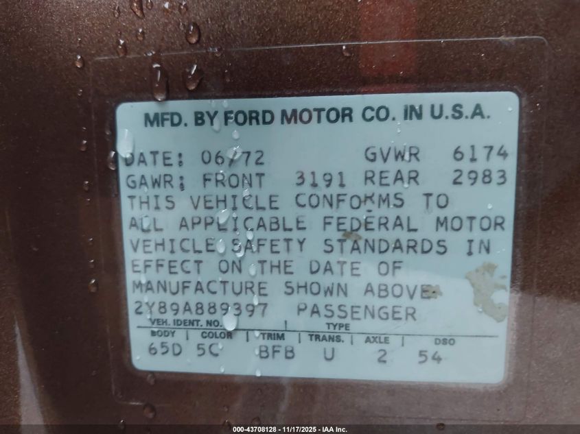 1972 Lincoln Continental VIN: 2Y89A889397 Lot: 43708128