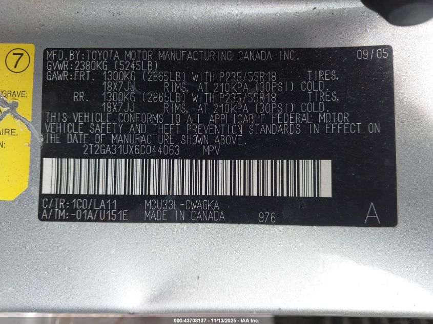 2006 Lexus Rx 330 VIN: 2T2GA31UX6C044063 Lot: 43708137