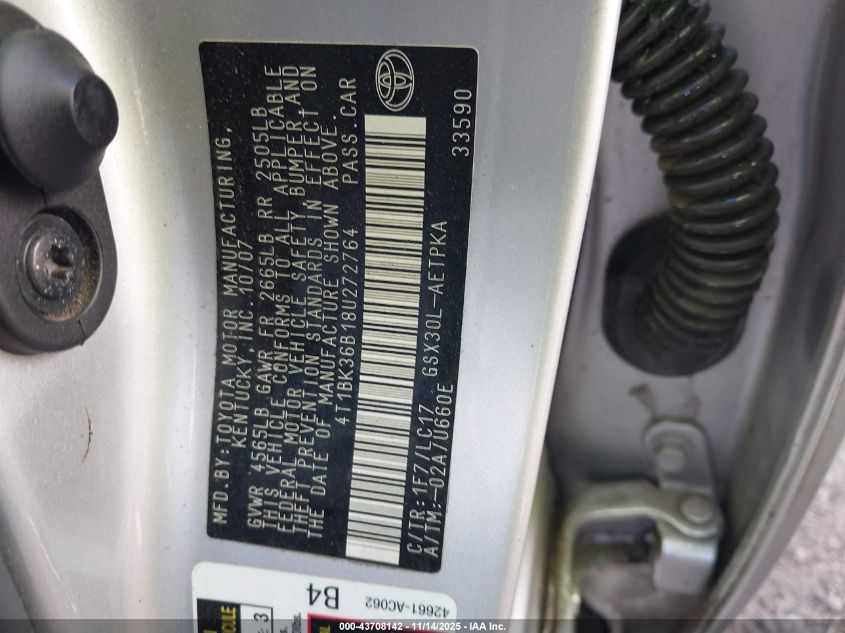 2008 Toyota Avalon Limited VIN: 4T1BK36B18U272764 Lot: 43708142