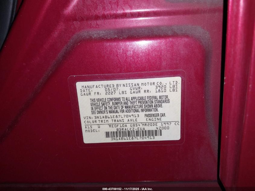 2007 Nissan Sentra 2.0 VIN: 3N1AB61E87L704913 Lot: 43708152