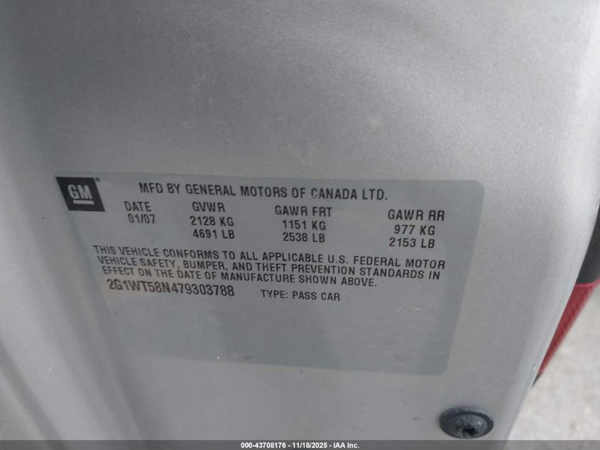 2007 Chevrolet Impala Lt VIN: 2G1WT58N479303788 Lot: 43708176