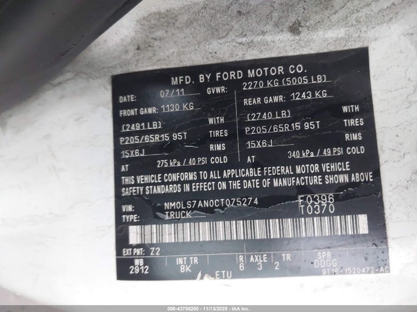 2012 Ford Transit Connect Xl VIN: NM0LS7AN0CT075274 Lot: 43708200