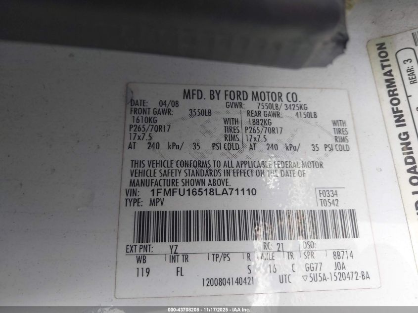 2008 Ford Expedition Xlt VIN: 1FMFU16518LA71110 Lot: 43708208