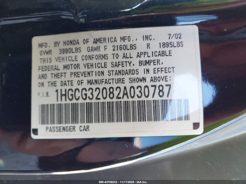 2002 Honda Accord 2.3 Se VIN: 1HGCG32082A030787 Lot: 43708232