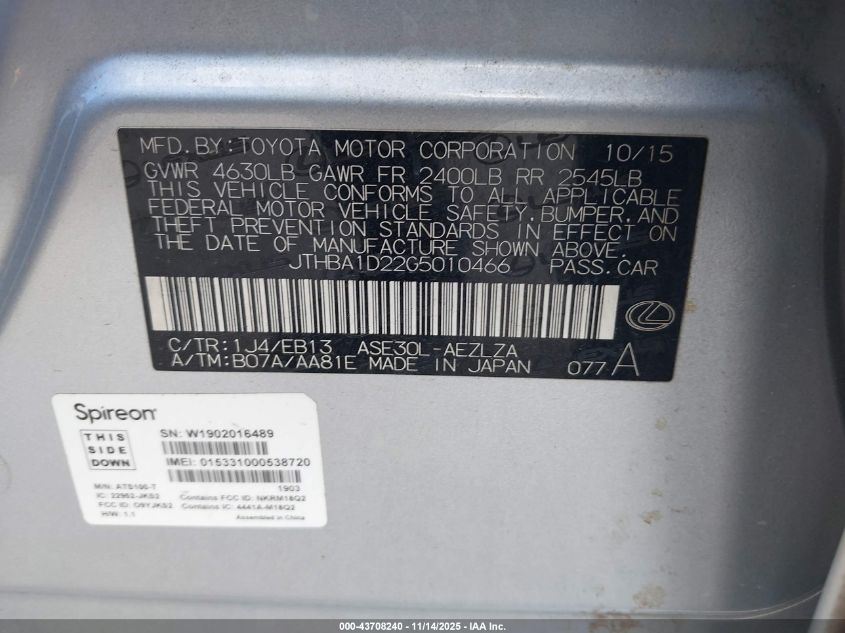 2016 Lexus Is 200T VIN: JTHBA1D22G5010466 Lot: 43708240