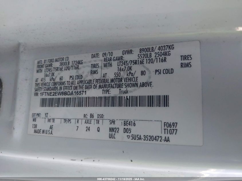 2011 Ford E-250 Commercial VIN: 1FTNE2EW6BDA16571 Lot: 43708242