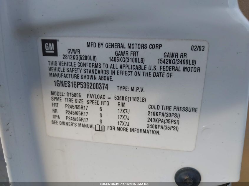 2003 Chevrolet Trailblazer Ext Lt VIN: 1GNES16P536200374 Lot: 43708249