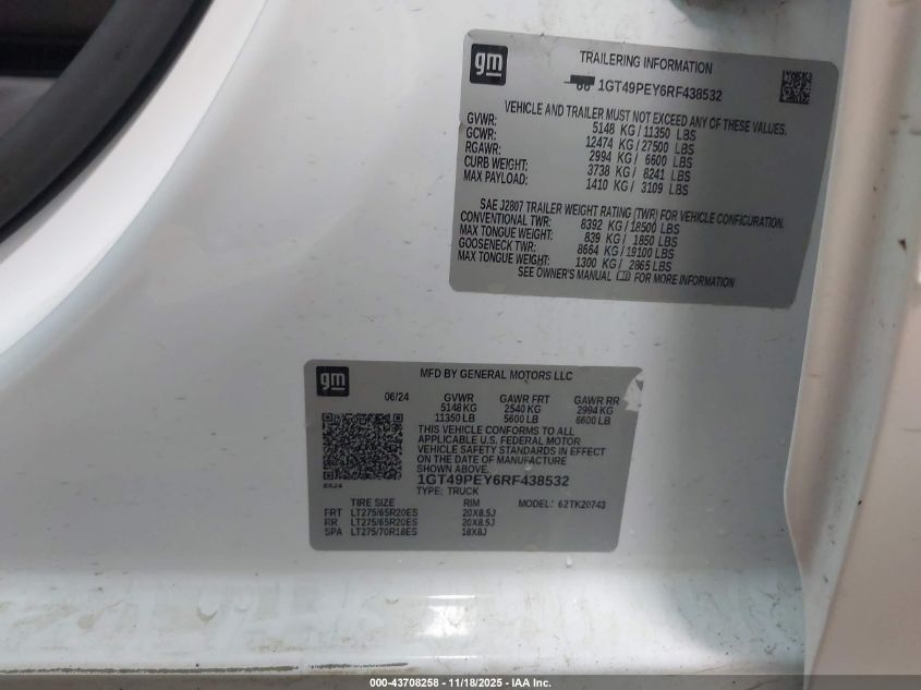 2024 GMC Sierra 2500Hd 4Wd Standard Bed At4 VIN: 1GT49PEY6RF438532 Lot: 43708258