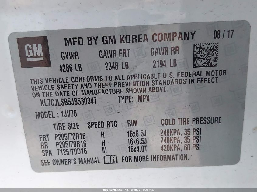 2018 Chevrolet Trax Lt VIN: KL7CJLSB5JB530347 Lot: 43708266