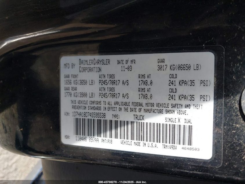 2004 Dodge Ram 1500 Slt/Laramie VIN: 1D7HA18D74S595538 Lot: 43708278