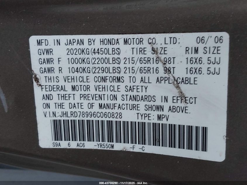 2006 Honda Cr-V Se VIN: JHLRD78996C060828 Lot: 43708290