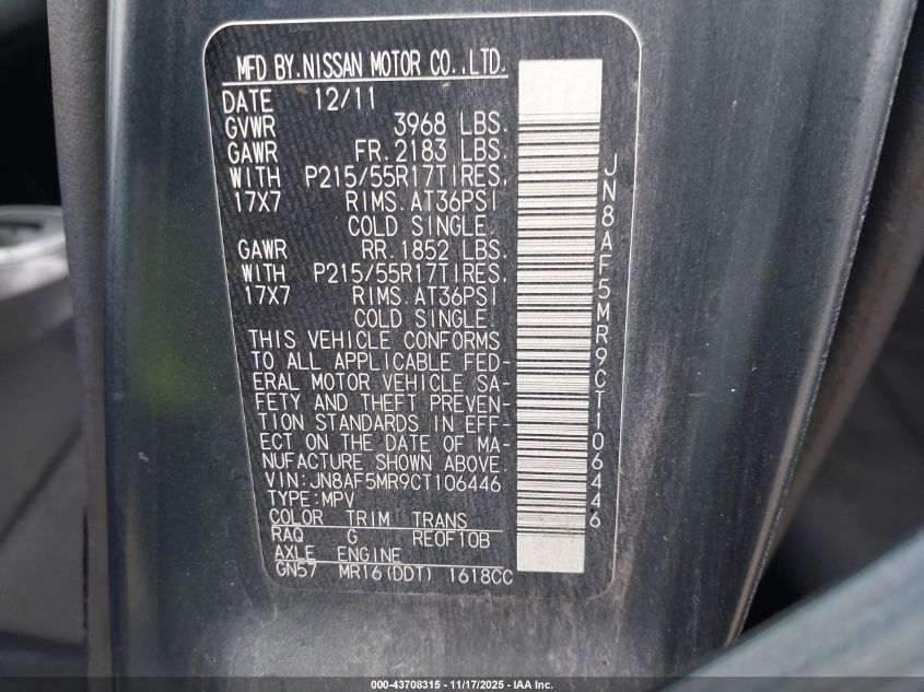 2012 Nissan Juke S VIN: JN8AF5MR9CT106446 Lot: 43708315