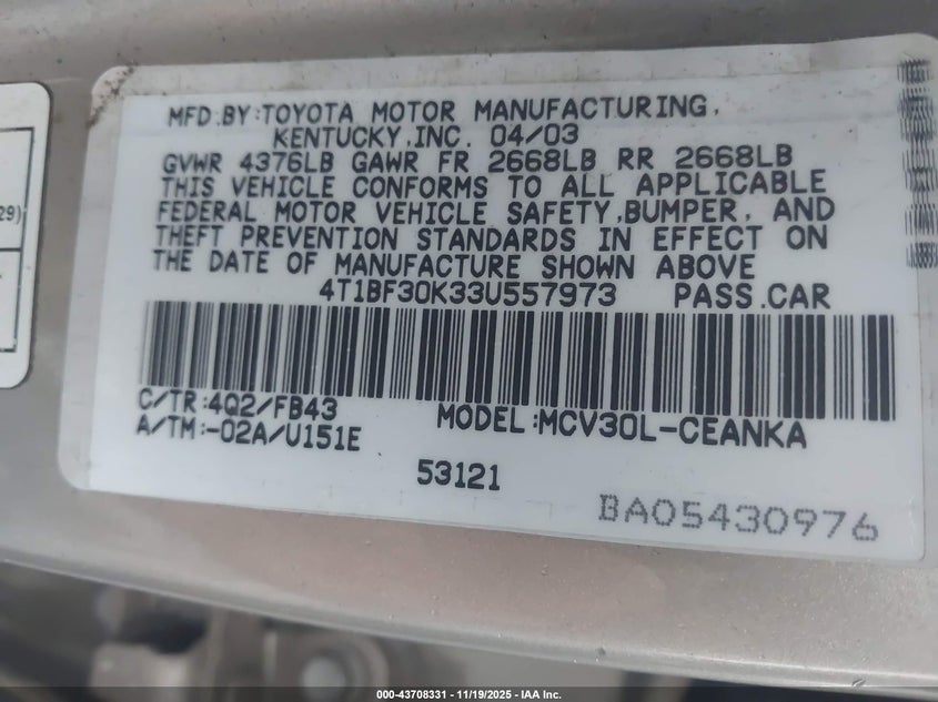 4T1BF30K33U557973 2003 TOYOTA CAMRY photo no. 9