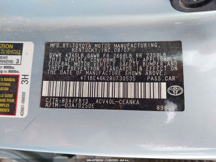 2008 Toyota Camry Le VIN: 4T1BE46K28U730535 Lot: 43708339