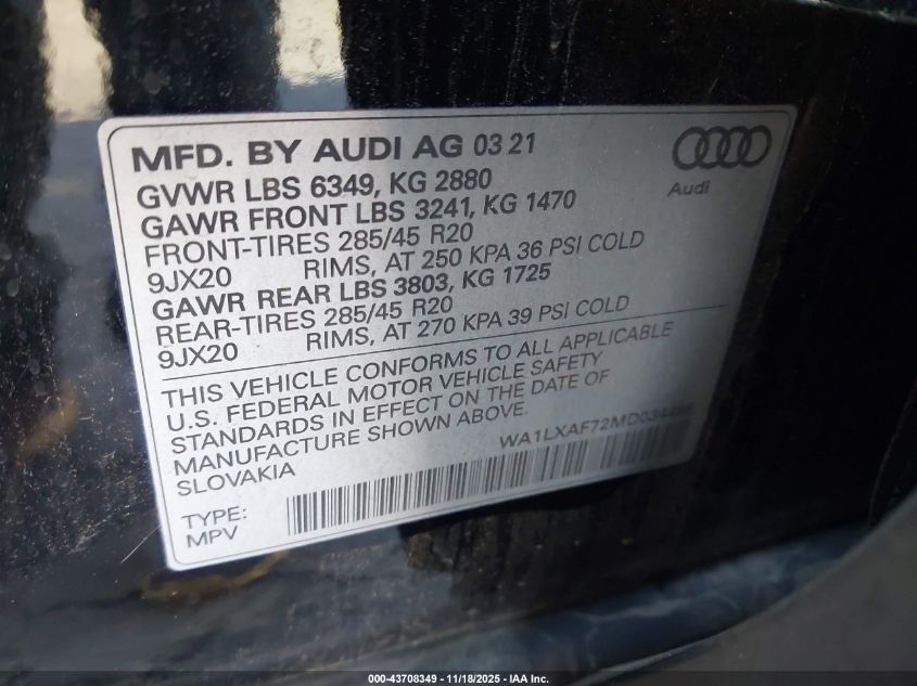 2021 Audi Q7 Premium Plus 55 Tfsi Quattro Tiptronic VIN: WA1LXAF72MD034498 Lot: 43708349