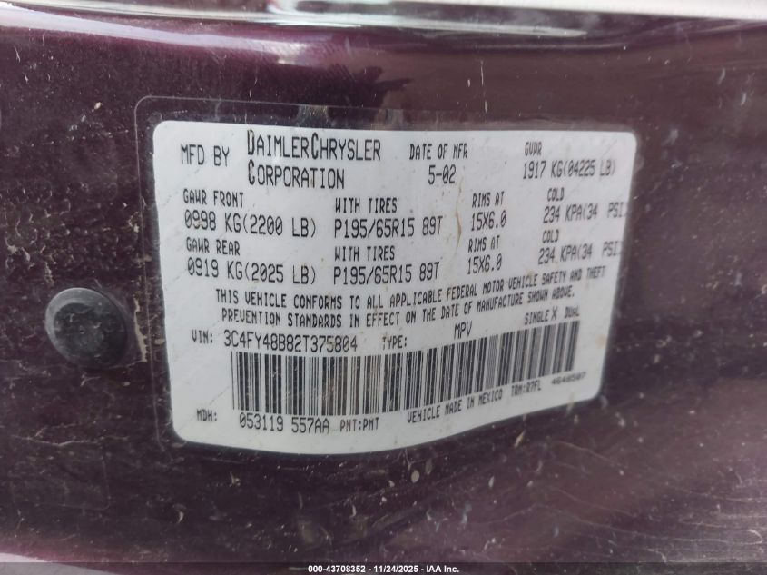 2002 Chrysler Pt Cruiser VIN: 3C4FY48B82T375804 Lot: 43708352