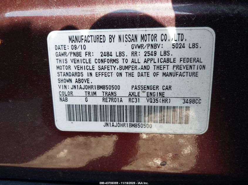 2011 Infiniti Ex35 Journey VIN: JN1AJ0HR1BM850500 Lot: 43708359