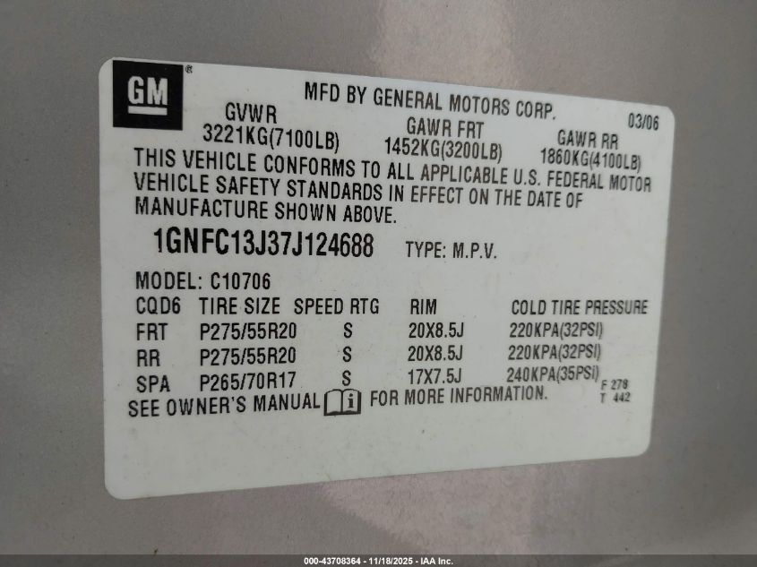 2007 Chevrolet Tahoe Lt VIN: 1GNFC13J37J124688 Lot: 43708364