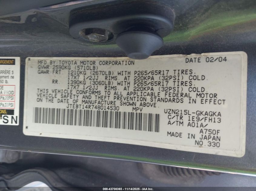 2004 Toyota 4Runner Sr5 Sport V8 VIN: JTEBT14R748014530 Lot: 43708365
