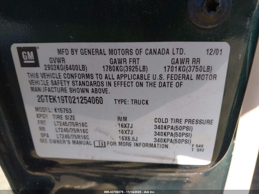 2002 GMC Sierra 1500 Sl VIN: 2GTEK19T021254060 Lot: 43708375