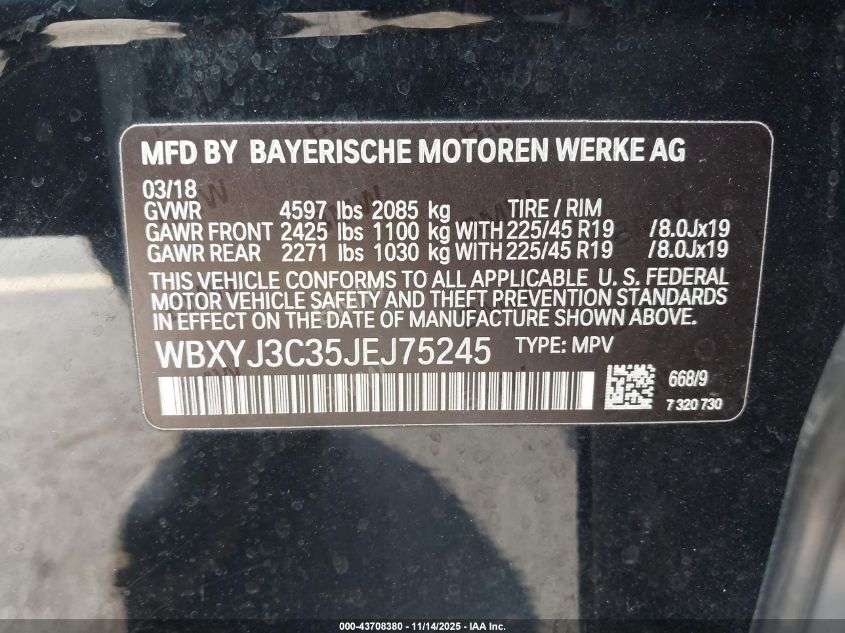 2018 BMW X2 Sdrive28I VIN: WBXYJ3C35JEJ75245 Lot: 43708380