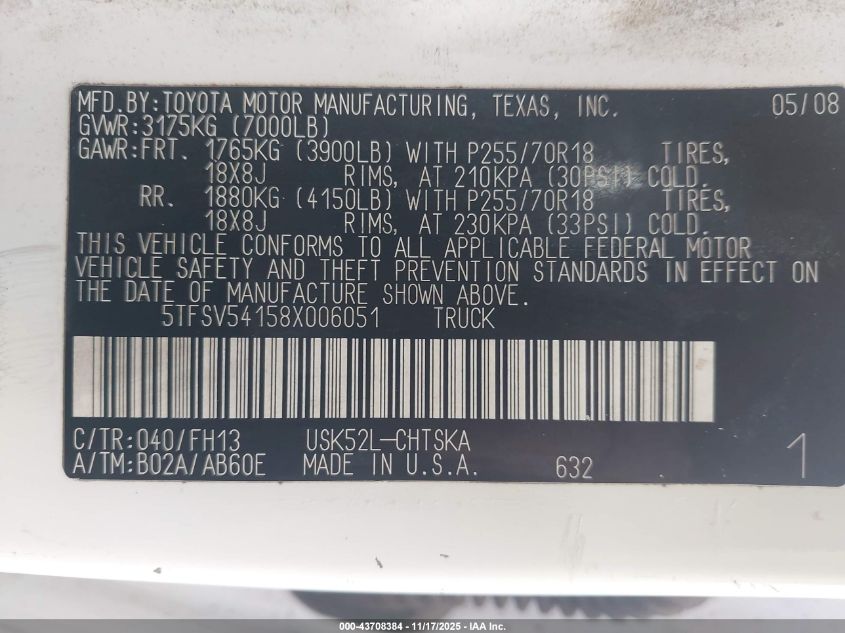 2008 Toyota Tundra Base 5.7L V8 VIN: 5TFSV54158X006051 Lot: 43708384