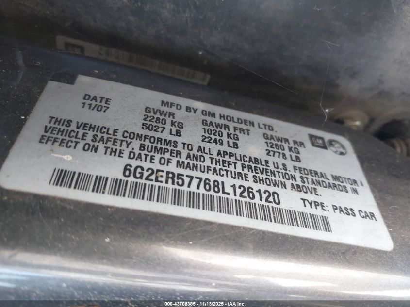 2008 Pontiac G8 VIN: 6G2ER57768L126120 Lot: 43708385