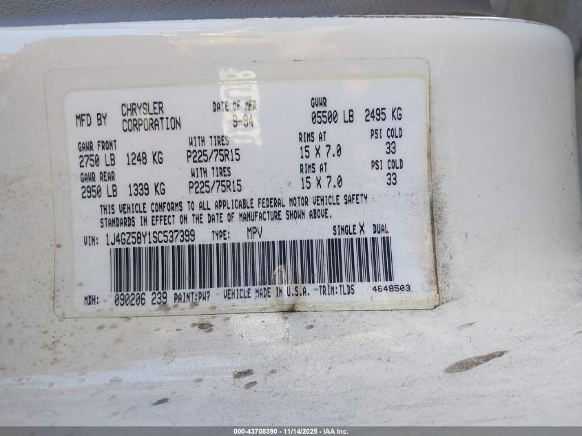 1995 Jeep Grand Cherokee Laredo VIN: 1J4GZ58Y1SC537399 Lot: 43708390