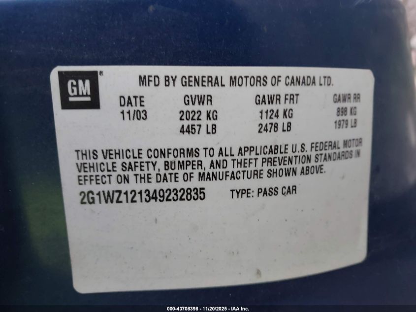 2004 Chevrolet Monte Carlo Supercharged Ss VIN: 2G1WZ121349232835 Lot: 43708398