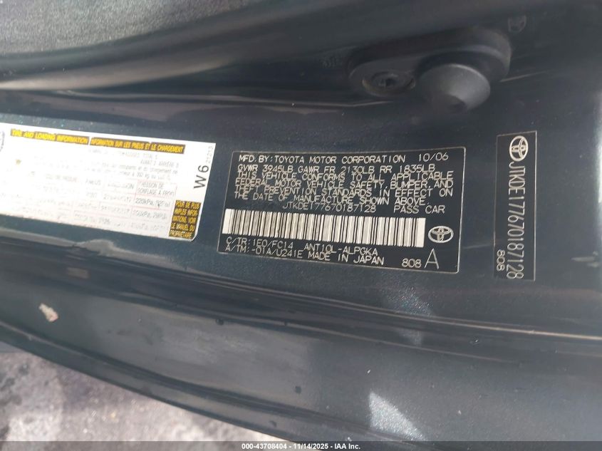 2007 Scion Tc VIN: JTKDE177670187128 Lot: 43708404